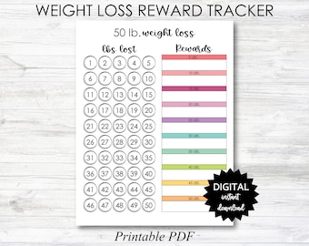 Weight Loss Reward Printable, 50 Lb Weight Loss Reward Tracker, Weight Loss Tracker Digital Download Planner Page - PRINTABLE (N050)