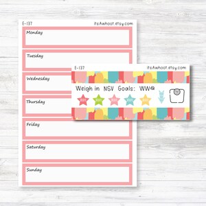 May include: A pink printable weekly planner with a section for weighing in and non-scale victory goals. The planner has a colorful banner with the text "Weigh in NSV Goals: WW@" and a scale icon.