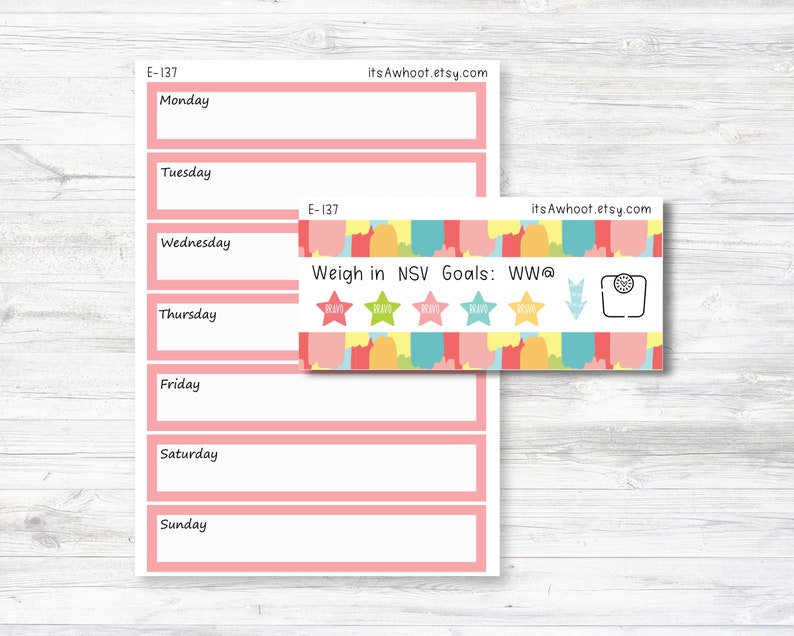 May include: A pink printable weekly planner with a section for weighing in and non-scale victory goals. The planner has a colorful banner with the text "Weigh in NSV Goals: WW@" and a scale icon.