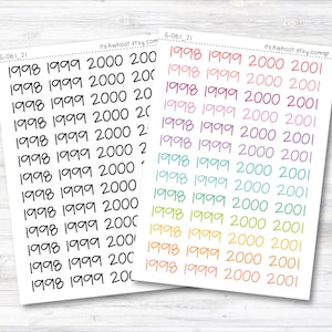 May include: A sheet of colorful stickers with the years 1998, 1999, 2000, and 2001 printed on them. The stickers are arranged in rows and columns, and each sticker has a different color.