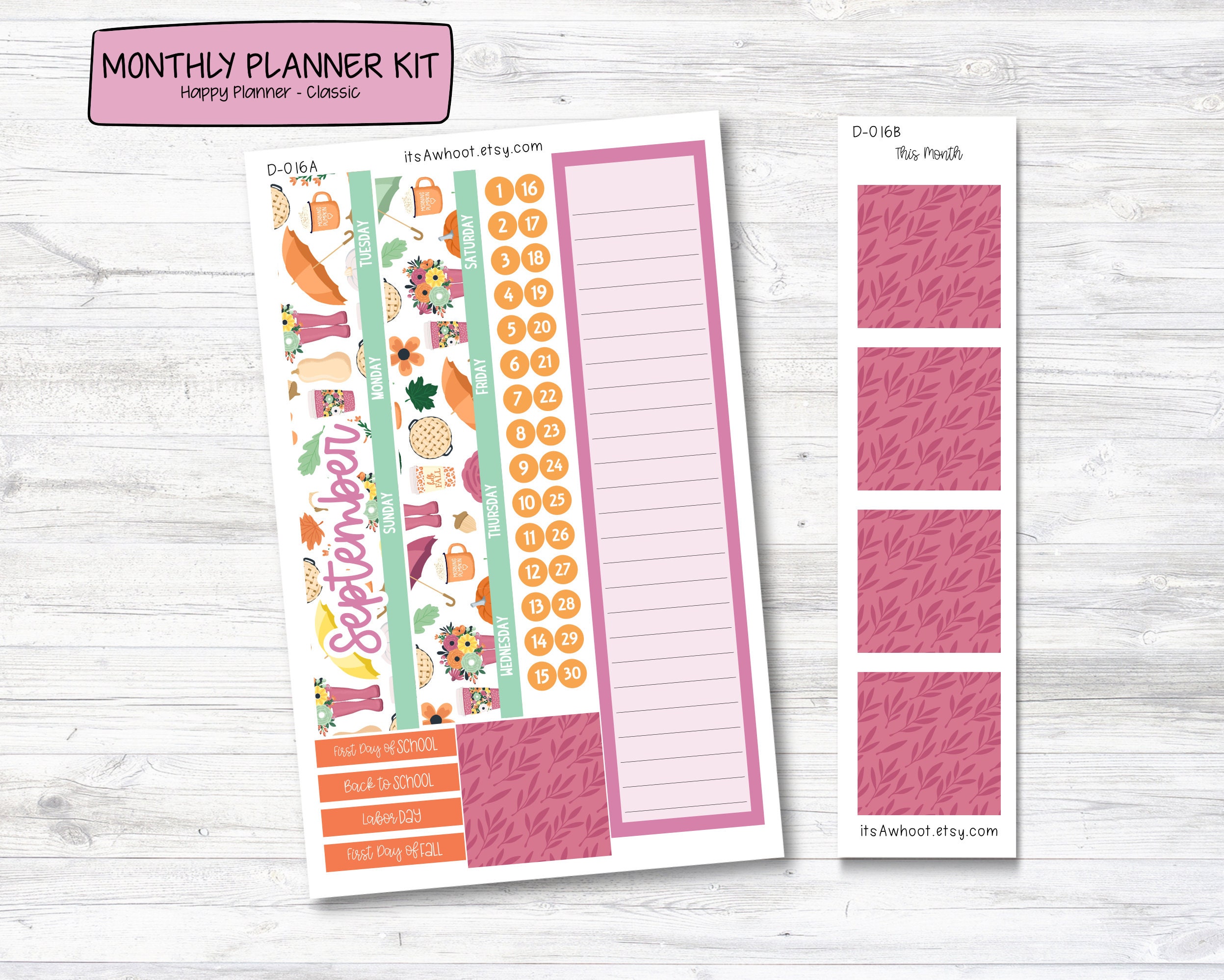 MONTHLY Kit Planner Stickers SEPTEMBER pumpkin Spice Happy Planner CLASSIC  D016 