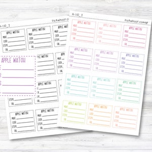 May include: A set of 12 printable Apple Watch tracker stickers with a colorful rainbow design. Each sticker has spaces to track move, exercise, steps, and calories.