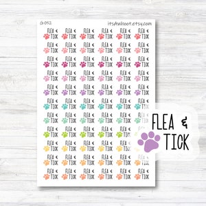 May include: A sheet of colorful stickers with paw prints and the text "FLEA & TICK" in a purple paw print. The stickers are arranged in rows and columns, with each sticker featuring a different color paw print and the text "FLEA & TICK".