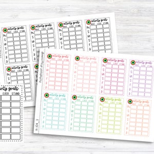 May include: A set of ten printable activity goal trackers with a rainbow color scheme. Each tracker has a header that says "activity goals" and includes columns for "move", "exer", and "stand". The trackers are designed to help people track their daily activity levels.