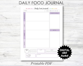 Daily Food Journal, Daily Food Journal Printable, Daily Food Journal Planner Page, Food Diary - Purple - PRINTABLE (N047_4)