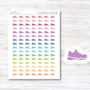 May include: A sheet of colorful running shoe stickers. The stickers are arranged in rows of 10, with each row featuring a different color. The colors range from pink to purple, blue, green, yellow, and orange. The sheet includes the text "B-070_2 itsAwhoot.com ♥".