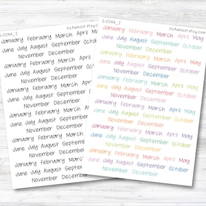 May include: A sheet of colorful monthly calendar stickers with the months of the year written in a handwritten font. The stickers are in various colors, including pink, blue, green, yellow, and orange.