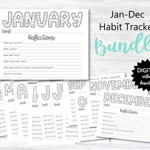 January - December Habit Tracker Coloring Sheets Printable Bundle, Month Habit Tracker, Monthly Reflections - PRINTABLE (N015A-Bundle)