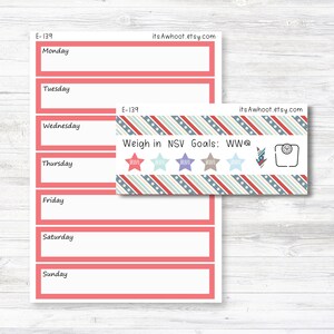 Pode incluir: Um planificador semanal imprim&iacute;vel com fundo vermelho e texto branco. O planificador inclui os dias da semana, de segunda a domingo. O planificador tamb&eacute;m inclui uma se&ccedil;&atilde;o para "Weigh in NSV Goals: WW@" com um &iacute;cone de escala e estrelas.