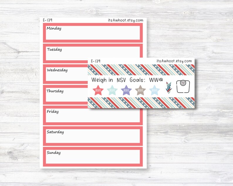 Pode incluir: Um planificador semanal imprim&iacute;vel com fundo vermelho e texto branco. O planificador inclui os dias da semana, de segunda a domingo. O planificador tamb&eacute;m inclui uma se&ccedil;&atilde;o para "Weigh in NSV Goals: WW@" com um &iacute;cone de escala e estrelas.