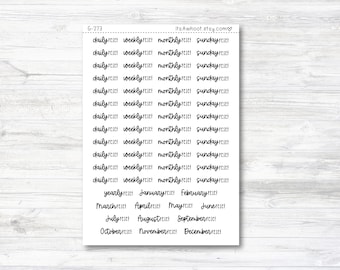 May include: A sheet of planner stickers with the words "daily reset", "weekly reset", "monthly reset", "sunday reset", "yearly reset", and the months of the year.