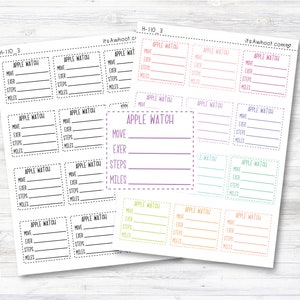 May include: A set of printable stickers for tracking fitness data from an Apple Watch. The stickers are in various colors and feature the text "Apple Watch" and fields for recording movement, exercise, steps, and miles.