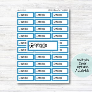 May include: A sheet of blue and white stickers with the word "PRACTICE" and a soccer ball graphic. The stickers are designed for use in a planner or journal.