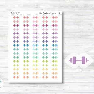 May include: A sheet of colorful dumbbell stickers with the text "B-14L_2 itsAwhoot.com" at the top. The stickers are arranged in rows of 6, with each row featuring a different color. The colors range from pink to purple, blue, green, yellow, orange, and red. There is a single larger dumbbell sticker in the bottom right corner of the sheet.