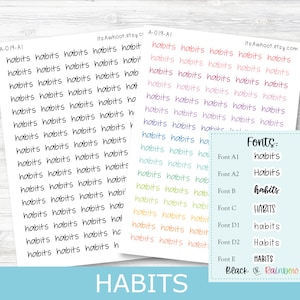 May include: Sheets of stickers with the word "habits" in various fonts and colors. The stickers are designed for planners and journals. The image includes a font guide with different styles, including black and rainbow options.