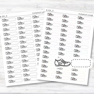 May include: A sheet of printable planner stickers featuring a black and white outline of a sneaker with a heart on the side. The stickers are arranged in rows and columns on a white background. The text "its Awhoot.com" and "B-205 8" appears at the top of the sheet.