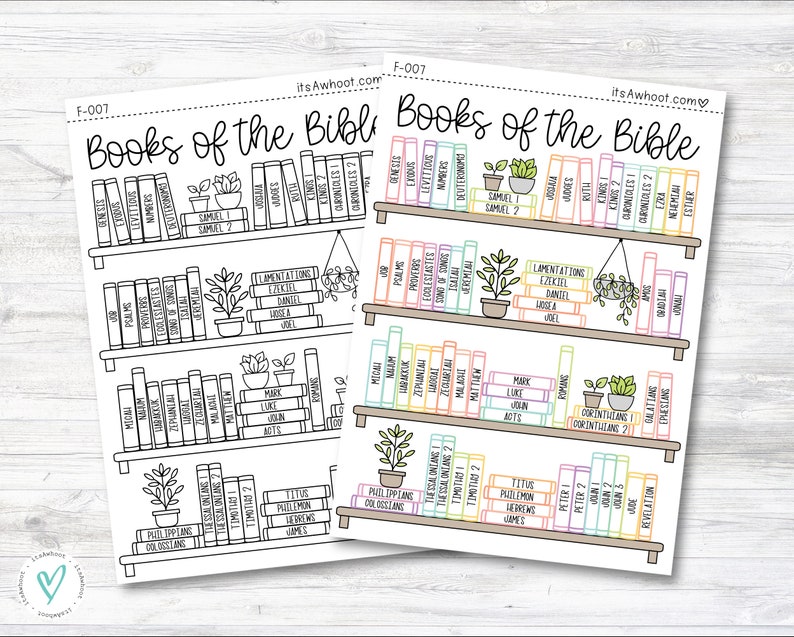 May include: A printable sheet with a colorful bookshelf design featuring the books of the Bible. The books are listed in order from Genesis to Revelation. The title "Books of the Bible" is at the top of the sheet.