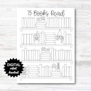 Op de afbeelding: Een printbare zwart-witte boekenkast met 75 vakjes om gelezen boeken bij te houden. De boekenkast heeft drie planken met potplanten en hangplanten. De tekst "75 Books Read" staat bovenaan de pagina.