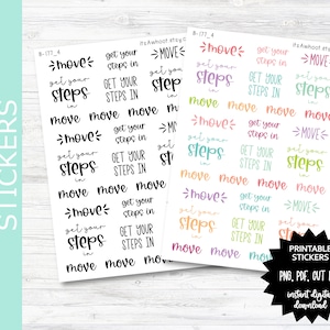 Op de afbeelding: Printbare stickers met de tekst "move" en "get your steps in" in zwarte tekst op een witte achtergrond. De stickers zijn in verschillende kleuren, waaronder roze, blauw, groen en oranje.