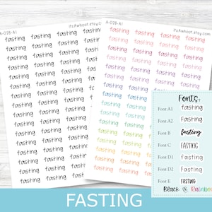 May include: A sheet of stickers with the word "fasting" written in different fonts and colors. The fonts include "fasting", "Fasting", "FASTING", and "fasting". The colors include black, pink, blue, green, yellow, and orange.