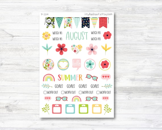 August / Summer Stickers, Weight Loss Planner Clipart (B204-August2)