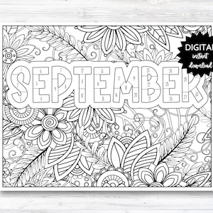 Puede incluir: Una página para colorear en blanco y negro con la palabra "SEPTIEMBRE" donde cada letra está dividida en secciones numeradas. Los números corresponden a los días del mes. La palabra está rodeada de un diseño floral.