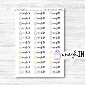May include: A sheet of stickers with a scale icon and the text "weigh IN" in various pastel colors. The stickers are arranged in rows and columns on a white background.