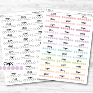 May include: A sheet of colorful stickers with the word "steps" printed on each sticker. The stickers are arranged in rows and columns, and each sticker has a different color and pattern. The stickers are designed to be used in a planner or journal to track progress towards a goal.