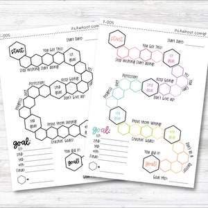 May include: Two printable goal tracker sheets with a honeycomb design. The sheets are black and white with colorful accents. The text on the sheets includes "Start", "You Got This!" "Stop wishing start doing!" "Keep Going!" "Don't Give Up!" "Prove them wrong!" "Crushin' Goals!" "You did it!" "Goal!" and "Goal Met!"