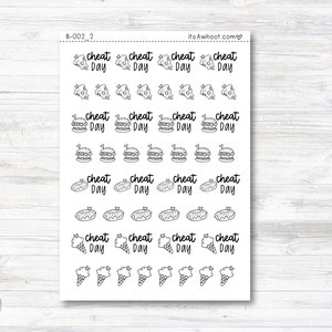 May include: A sheet of stickers with various cheat day food illustrations. The stickers feature pizza, burgers, hot dogs, and ice cream cones. Each sticker has the text "cheat day" written on it.