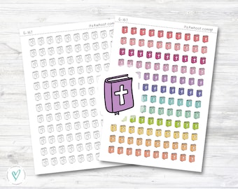 May include: Two sheets of stickers with a variety of colorful bible book icons. The stickers are in a rainbow color scheme. The first sheet has black and white icons. The second sheet has colored icons. The text "G-167" and "its Awhoot.com" is printed on the sheets.