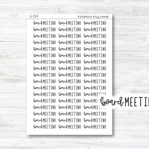 May include: A sheet of printable planner stickers with the text "board meeting" repeated multiple times. The stickers are designed for use in a planner or journal.