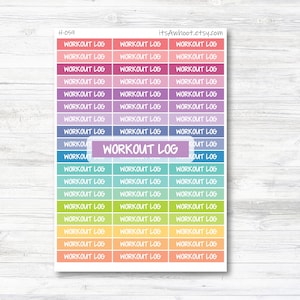 May include: A sheet of colorful stickers with the text "WORKOUT LOG" repeated multiple times. The stickers are arranged in rows and columns, with each row featuring a different color.