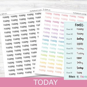 May include: A sheet of stickers with the word "today" written in different fonts and colors. The fonts are labeled A1, A2, B, C, D1, D2, E, F, G, and H. The colors are black or rainbow.
