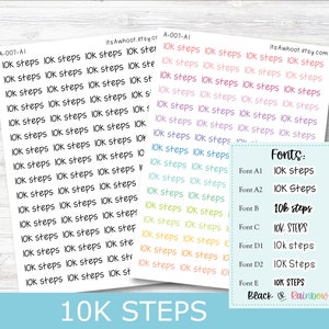 May include: A sheet of colorful stickers with the text "10K steps" in various fonts and colors. The text "Fonts:" is listed with different font styles and names, including "Font A1", "Font A2", "Font B", "Font C", "Font D1", "Font D2", and "Font E". The text "Black or Rainbow" is also included.