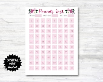 Pounds Lost Printable, 80 Pounds Lost Tracker, 80 Pounds Lost Digital Download Planner Seite - Floral - PRINTABLE (N009_18)