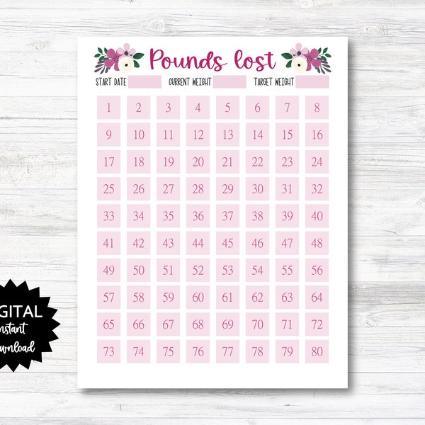 Pounds Lost Printable, 80 Pounds Lost Tracker, 80 Lbs Lost Digital Download Planner Page - Floral - PRINTABLE (N009_18)