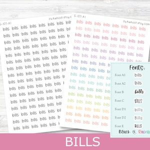 May include: A sheet of colorful stickers with the word "bills" written in different fonts and colors. The fonts are labeled "Font A1", "Font A2", "Font B", "Font C", "Font D1", "Font D2", and "Font E". The text "Black & Rainbow" is also included.