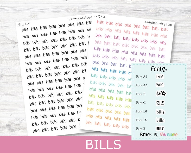 BILLS Script Planner Stickers - Multiple Fonts/colors Available (G107 ...
