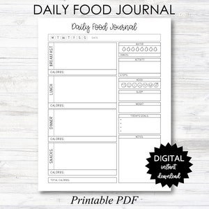 Daily Food Journal, Daily Food Journal Printable, Daily Food Journal Planner Page, Food Diary, Calorie Tracker - PRINTABLE (N047)