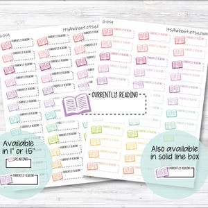 May include: A sheet of colorful book-themed stickers with the text "Currently Reading" on each sticker. The stickers are available in 1 inch or 1.5 inch sizes. The text "Also available in solid line box" is also included.