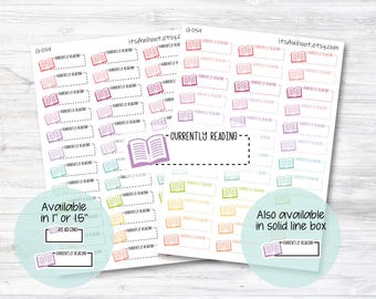 May include: A sheet of colorful book-themed stickers with the text "Currently Reading" on each sticker. The stickers are available in 1 inch or 1.5 inch sizes. The text "Also available in solid line box" is also included.