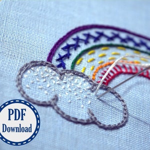 Könnte beinhalten: Nahaufnahme eines unfertigen Regenbogen-Stickprojekts. Der Regenbogen ist mit Fäden in verschiedenen Farben gestickt und eine Nadel ist zu sehen, die durch den Stoff geführt wird. Der Regenbogen ist von zwei grauen Wolken umgeben, von denen eine mit weißen Stichen gefüllt ist.