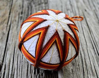 Terracotta Temari Ball, Orange and Rust Japanese Temari Ball, Japanese Folk Art, Embroidered Temari Ball Ornament, Terra Cotta Temari Ball