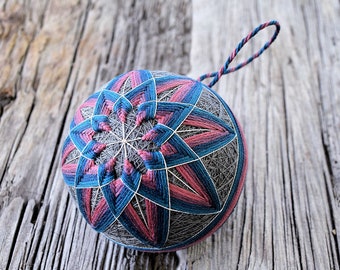 Teal and Pink Temari Ball, Cotton Candy Japanese Temari Ball, Japanese Folk Art, Temari Ball Ornament, Silver Lining Temari Ball