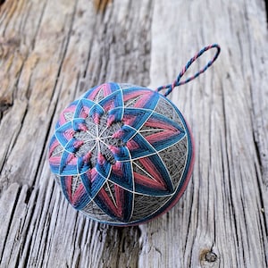 Teal and Pink Temari Ball, Cotton Candy Japanese Temari Ball, Japanese Folk Art, Temari Ball Ornament, Silver Lining Temari Ball