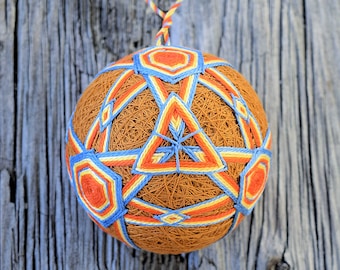 Japanese Temari Ball No 112 Sunrise Over Sedona,  Hand Embroidered Temari Ornament, Traditional Temarie Ball in Orange and Blue