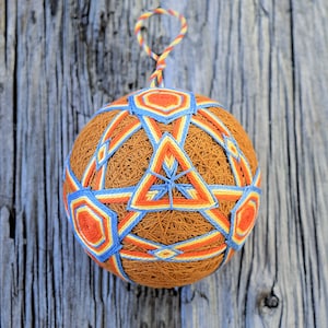 Japanese Temari Ball No 112 Sunrise Over Sedona,  Hand Embroidered Temari Ornament, Traditional Temarie Ball in Orange and Blue