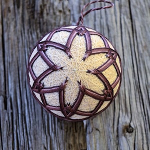 Winter Seedpod Temari, Traditional Japanese Folk Craft, Neutral Tone Temari Ball, Japanese Sculpture, Purple Temari Christmas Ornament Ball