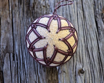 Winter Seedpod Temari, Traditional Japanese Folk Craft, Neutral Tone Temari Ball, Japanese Sculpture, Purple Temari Christmas Ornament Ball